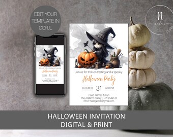 May include: A digital printable Halloween party invitation featuring a cartoon witch with a black dress and a pointed hat holding a jack-o-lantern. The invitation has a watercolor background and text that reads "Join us for trick-or-treating and a spooky Halloween Party" with the date and time.