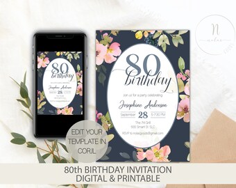 May include: An 80th birthday invitation template with a floral design in shades of pink, blue, and green. The text reads "80th Birthday" and includes the name Josephine Anderson, the date September 28th, and the time 5-7:30 PM. The invitation also includes the location "The 74 Grill" and the address "935 Smart St SLC". The text "RSVP to nolasgoods@gmail.com" is also included.