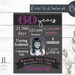 Póster de 60 cumpleaños con foto personalizada, letrero de sesenta cumpleaños para ella, plantilla de póster de 60 cumpleaños, letrero de 60 cumpleaños con descarga digital