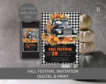 Descarga digital del folleto del festival de otoño, plantilla de invitación del festival de otoño, folleto del festival escolar imprimible, diseño de invitación a la fiesta de otoño
