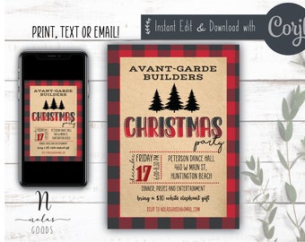 May include: A red and black plaid invitation for a Christmas party hosted by Avant-Garde Builders. The invitation includes the date, time, location, and details about the event. It also includes a request to bring a $10 white elephant gift.