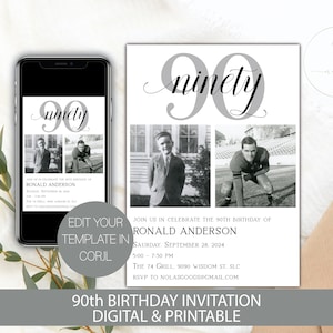 90th Birthday Party Invitation Man, 90th Birthday Invite, Ninety Birthday Invitation, 90th Birthday Invitation for Women