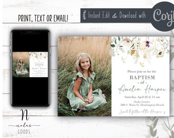 May include: A baptism invitation with a floral design and a photo of a young girl in a green dress. The text reads "Please join us for the Baptism of Amelia Harper, Saturday, April 22 @ 11 am, Stake Center, 500 S. Main St, Huntington Beach, Lunch to follow at the Harper's."