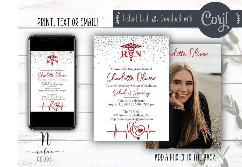 May include: A printable graduation announcement for a registered nurse. The announcement features a red and white caduceus symbol with the letters "RN" and a red heart with a stethoscope. The announcement is decorated with a silver glitter background. The text on the announcement reads "Announcing the graduation of Charlotte Oliver Touro University School of Medicine School of Nursing Join us to celebrate August 11, 2023 @ 5:00 - 7:30 pm The 74 Grill 935 Smart St, Vallejo, CA rsvp to nolasgoods@gmail.com".