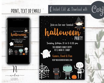 May include: Black and orange printable Halloween party invitation with a witch, ghost, cat, monster, and skeleton. The invitation says "Join us for our Annual Halloween Party" and includes the date, time, location, and RSVP information.