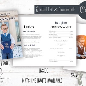 Puede incluir: Un programa de bautismo imprimible con fondo blanco y texto negro. El programa incluye el nombre Grayson Wyatt, la letra de la canción "When I Am Baptized" y un espacio para el orden del servicio. El programa también incluye una foto de un niño pequeño con traje sosteniendo una Biblia.