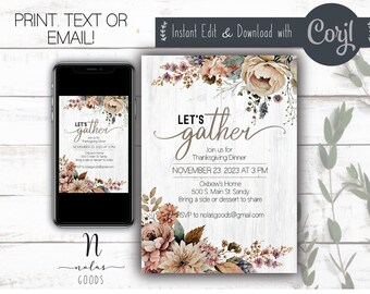 Bearbeitbare Thanksgiving-Dinner-Einladung, Thanksgiving-Einladung Digitaler Download, Thanksgiving-Dinner lädt zum Ausdrucken ein, Friendsgiving