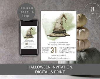 May include: A digital printable Halloween party invitation featuring a witch's hat with a green watercolor background. The invitation text reads "Join us for trick-or-treating and a spooky Halloween Party! Saturday October 31, 6-9 pm The Addams Family 47 S Main St Sandy, California Games Food & Fun RSVP nolasgoods@gmail.com"