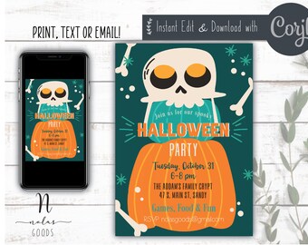May include: A teal green Halloween party invitation with a cartoon skull wearing a pumpkin. The invitation includes the text "Join us for our spooky Halloween Party" and details about the party, including the date, time, location, and RSVP information.