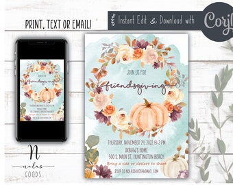 Plantilla de invitación editable de Friendsgiving, invitación a la comida compartida de Friendsgiving digital, invitación de Friendsgiving, descarga instantánea, invitación a la cena de otoño