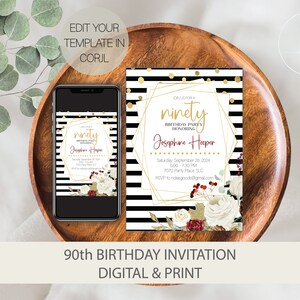 Invito per il 90° compleanno per donne, Invito per il 90° compleanno, Invito per la festa del 90° compleanno, Invito per il novanta compleanno