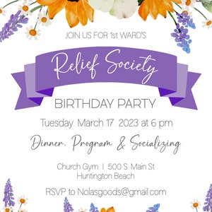 Relief Society Birthday Invitation, Relief Society Birthday Invite, LDS Relief Society Invite ...