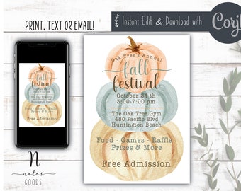 Invitación para fiesta de otoño para niños, folleto digital para festival de otoño, plantilla para folleto de festival escolar, invitación imprimible para festival de otoño