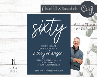 60th Birthday Invitation for Him, Birthday Invitation 60th, 60th Birthday Invitation with Photo, 60th Birthday Invitation Digital