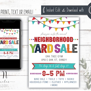 Enseigne de vente de garage de quartier imprimable, Flyer numérique de vente de garage communautaire, Flyer de vente de garage de quartier personnalisé, enseigne de vente de garage de collecte de fonds