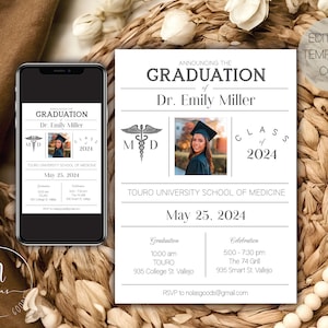 May include: A white graduation announcement for Dr. Emily Miller, Class of 2024, from Touro University School of Medicine. The announcement includes a photo of the graduate, the date of the graduation ceremony, and the location of the graduation ceremony and celebration.