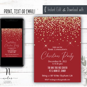 May include: Red and gold Christmas party invitation with gold confetti falling on a red background. The invitation text reads "Join us for Rustic Construction's Christmas Party, December 16, 2022, 6-8:30 pm, The Oak Tree Rec Center, 47 S. Main St, Sandy, Bring a $10 White Elephant Gift, RSVP nolasgoods@gmail.com".