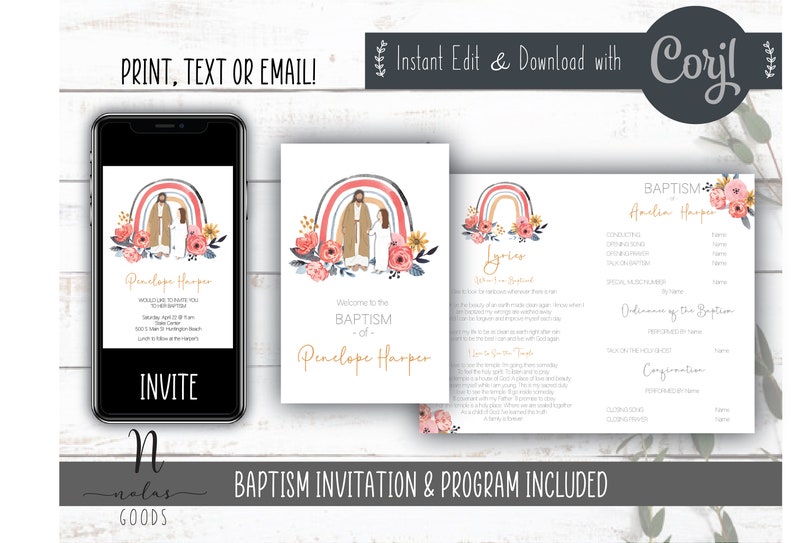 May include: Printable baptism invitation and programme template featuring a watercolour rainbow with floral accents. The text "Welcome to the Baptism of Penelope Harper" is included.