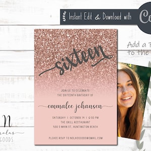16 Birthday Invitation Rose Gold, Sweet 16 Invite With Photo, 16th Birthday Invite Girl, Sweet 16 Birthday Invitations Templates Designer