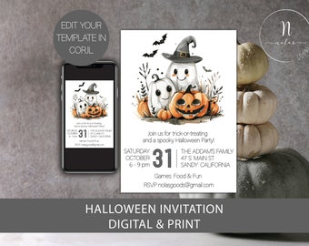 May include: Halloween party invitation with a cute illustration of ghosts and pumpkins. The invitation is for the Addams Family and includes the date, time, and location of the party. It also says "Join us for trick-or-treating and a spooky Halloween Party!"