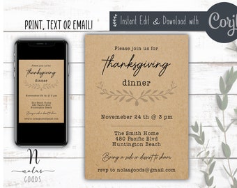 Bearbeitbare Friendsgiving Einladungsvorlage, Thanksgiving Dinner Einladungsvorlage, Herbst Dinner Party einladen, Thanksgiving Potluck Invite