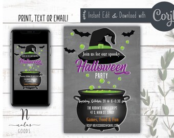 May include: A printable Halloween party invitation with a black cauldron, green potion, and a witch's hat with a green band. The text reads "Join us for our spooky Halloween Party".