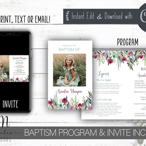 Peut inclure: Un modèle d'invitation et de programme de baptême imprimable avec un motif floral. Le programme comprend une section pour les paroles, une photo de l'enfant baptisé et un espace pour l'ordre du service. L'invitation présente une photo de l'enfant et le texte "Baptisé".