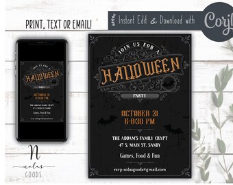 May include: Black and orange Halloween party invitation with a vintage design. The invitation features a bat, a skull, and the text "Join us for a Halloween Party".