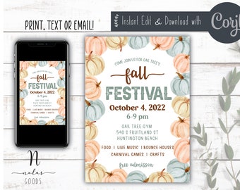 Invitación a la fiesta de otoño para niños, plantilla de invitación al festival de otoño, descarga digital del folleto del festival de otoño, folleto imprimible del festival escolar