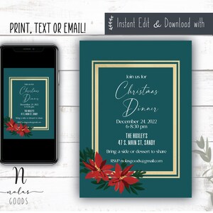 Christmas Dinner Party Invite Template, Christmas Dinner Invitation Template, Christmas Brunch Invitations, Holiday Dinner Invite Digital