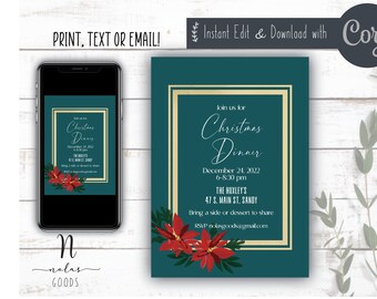 Christmas Dinner Party Invite Template, Christmas Dinner Invitation Template, Christmas Brunch Invitations, Holiday Dinner Invite Digital