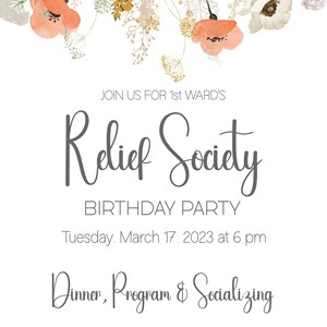 Relief Society Birthday Invite, LDS Relief Society Invite, Relief Society Birthday Invitation ...
