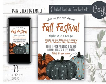 Descarga digital del folleto del festival de otoño, folleto del festival escolar imprimible, plantilla de invitación del festival de otoño, diseño de invitación a la fiesta de otoño