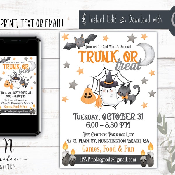 School Halloween Party Invite, Halloween Trunk or Treat Invitation Template, Trunk or Treat Flyer Church, Trick or Treating Invitations