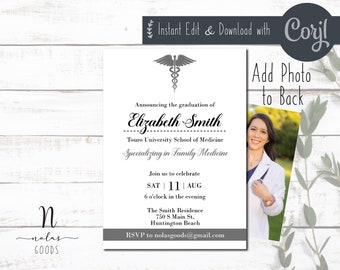 May include: A graduation announcement for Elizabeth Smith, a graduate of Touro University School of Medicine, specializing in Family Medicine. The announcement features a medical symbol and a date of August 11th. The back of the announcement has a space to add a photo.