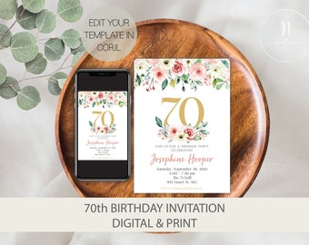 70th Birthday Invitation for Women, 70th Birthday Party Invite, 70th Birthday Invite Template, 70 Birthday Invitation Digital