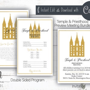 Könnte beinhalten: Ein druckbares Programm für eine Vorbereitungstreffen für den Tempel und das Priestertum. Das Programm zeigt eine goldene Silhouette eines Tempels und den Text "Ich liebe es, den Tempel zu sehen". Die Rückseite des Programms enthält einen Zeitplan für das Treffen, einschließlich Datum, Uhrzeit und Ort. Das Programm ist zum Bearbeiten und Herunterladen konzipiert.