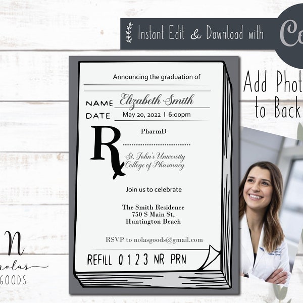 Prescription Pad Invitation Template, Pharmacy School Graduation Party Invitation, Pharmacy Grad Announcement, Pharmacy Graduation Invite