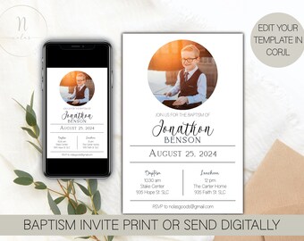 May include: A white baptism invitation with a photo of a young boy in a suit. The invitation includes the text "Join us for the baptism of Jonathon Benson, August 25, 2024".