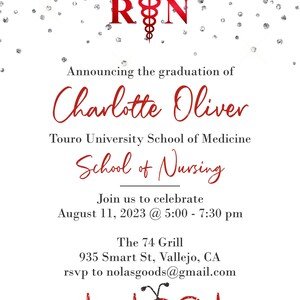 May include: A graduation announcement for Charlotte Oliver, a graduate of Touro University School of Medicine, School of Nursing. The announcement features a red caduceus symbol with the letters RN, a silver glitter background, and a red heartbeat with a stethoscope.