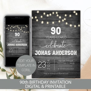 90th Birthday Invite, 90th Birthday Party Invitation Man, Ninety Birthday Invitation, 90th Birthday Invitation for Women