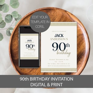 Ninety Birthday Invitation, 90th Birthday Invite, 90th Birthday Party Invitation Man, 90th Birthday Invitation for Women