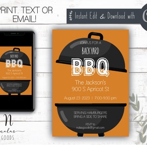 May include: Orange and black printable backyard BBQ invitation with a grill graphic. The text reads "Join us for a backyard BBQ, The Jackson's, 900 S Apricot St, August 23, 2023, 7:00-9:30 pm, Serving hamburgers, bring a side to share, RSVP to nolasgoods@gmail.com".