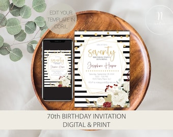 70th Birthday Invitation for Women, 70 Birthday Invitation Digital, 70th Birthday Party Invite, 70th Birthday Invite Template