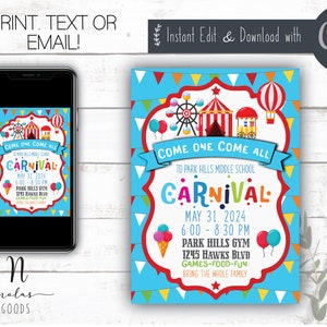 Modèle de Flyer de carnaval modifiable, Faire-part de carnaval d&#39;école, Flyer de carnaval en famille, Flyer de collecte de fonds pour l&#39;école