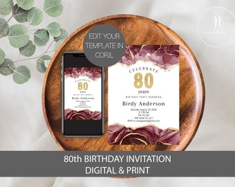 Può includere: Un modello di invito per un 80° compleanno con un design in marmo bordeaux e oro. Il testo recita "Celebra 80 anni Festa di compleanno in onore di Birdy Anderson" con la data, l'ora e il luogo della festa. L'invito è modificabile in Corjl.