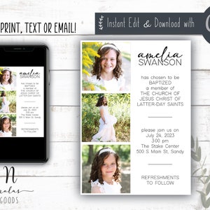 Girl LDS Baptism Invitation, LDS Baptism Invitation Instant Download, LDS Baptism Announcement, Baptism Invitation with Photo
