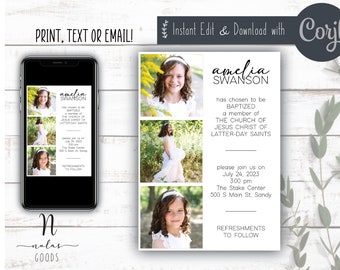 May include: A white baptism invitation with a photo collage of a young girl in a white dress. The invitation includes the girl's name, Amelia Swanson, and the text "has chosen to be baptized a member of The Church of Jesus Christ of Latter-day Saints". The invitation also includes the date, time, and location of the baptism.