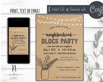 May include: A printable invitation for a neighbourhood block party. The invitation is designed to look like a brown paper bag with string lights and a mason jar with flowers. The text on the invitation reads "Come join us for a neighbourhood block party, come and meet your neighbours, July 4, 2022 @ 7:00-9:30 pm, Fruitland St, Huntington Beach, Fruitland St will be blocked off during this time, providing hamburgers & drinks, bring a side to share, bouncy castle & games, RSVP to nolasgoods@gmail.com".