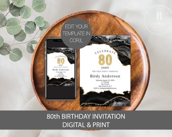 Può includere: Un invito di compleanno digitale e stampabile per un 80° compleanno con un design in marmo nero e oro. L'invito presenta il testo "Celebra 80 anni" e "Festa di compleanno in onore di Birdy Anderson".
